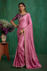 Elegant Pink Satin Jacquard Embroidery Ready to Wear Saree - Shop Now Online-RTW-4379